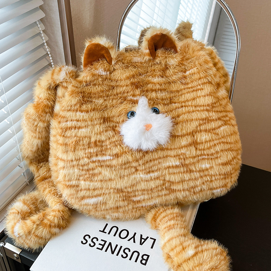 可爱毛绒猫咪斜挎包秋冬新款ins风少女软萌毛茸大容量通勤双肩包