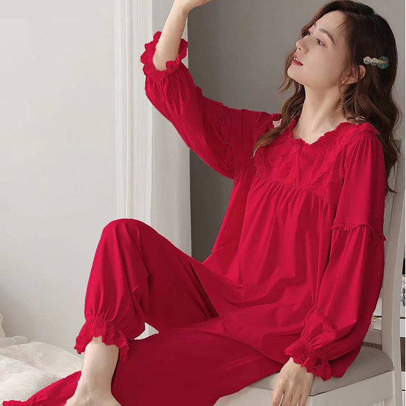 MiiOW/猫人套装家居服套装纯色性感大码红色睡衣长袖蕾丝睡衣