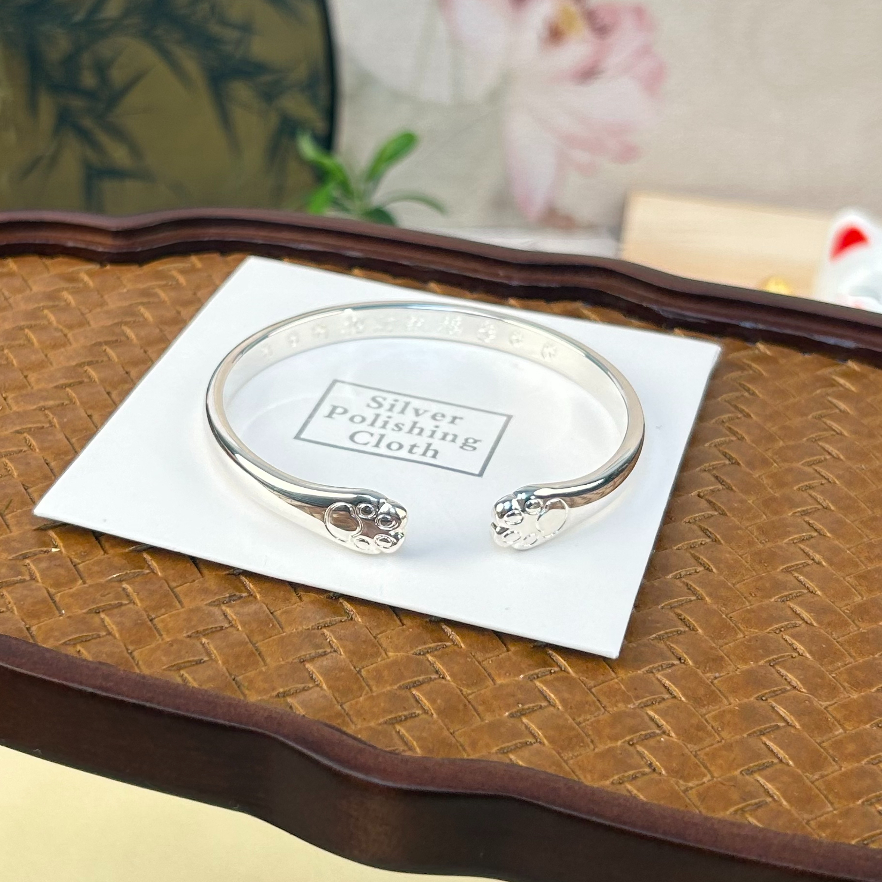 足银银制品 猫爪手镯 招财猫手镯 开口调节内刻招财纳福光面（638）