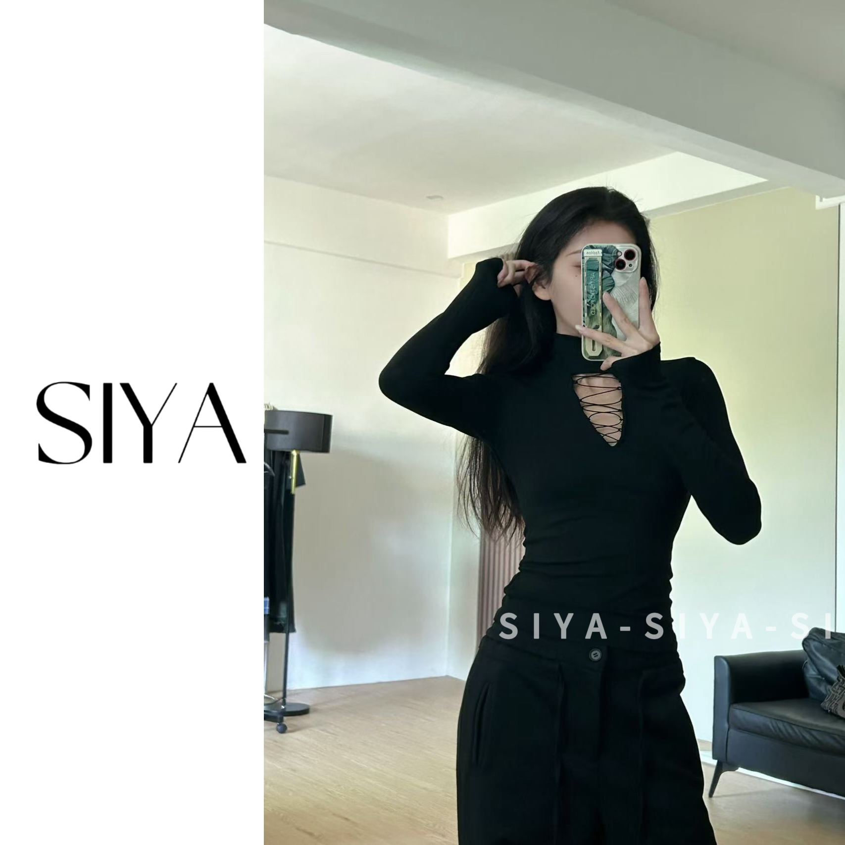 【SIYA】黑色辣妹挂脖绑带镂空上衣秋冬修身显瘦长袖打底