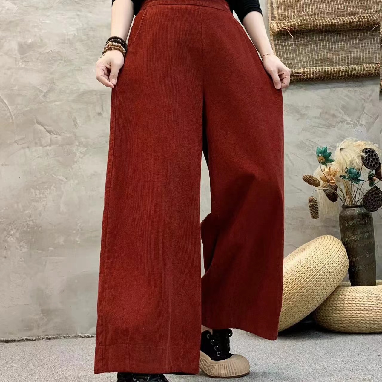 三色灯芯绒阔腿裤