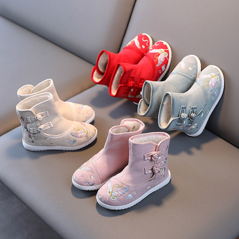 女童棉鞋加绒加厚保暖老北京布鞋冬季靴子短靴汉服绣花鞋儿童冬鞋