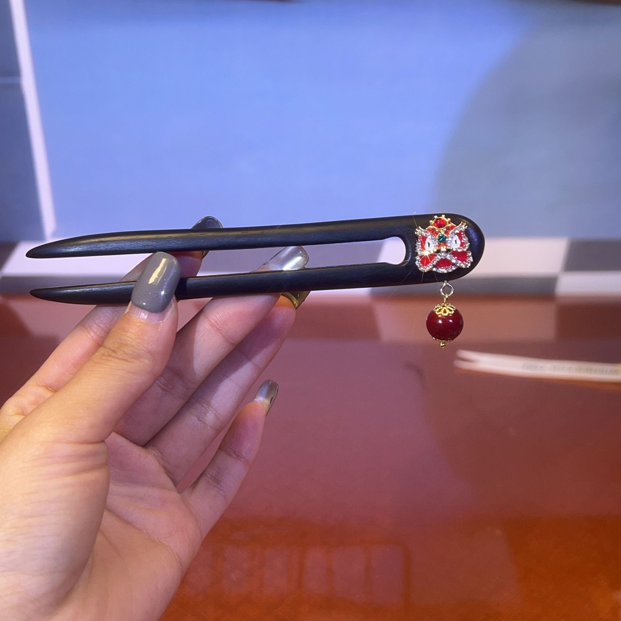 13厘米黑檀木U型发钗双面醒狮新年款盘发簪子新中式轻奢国风