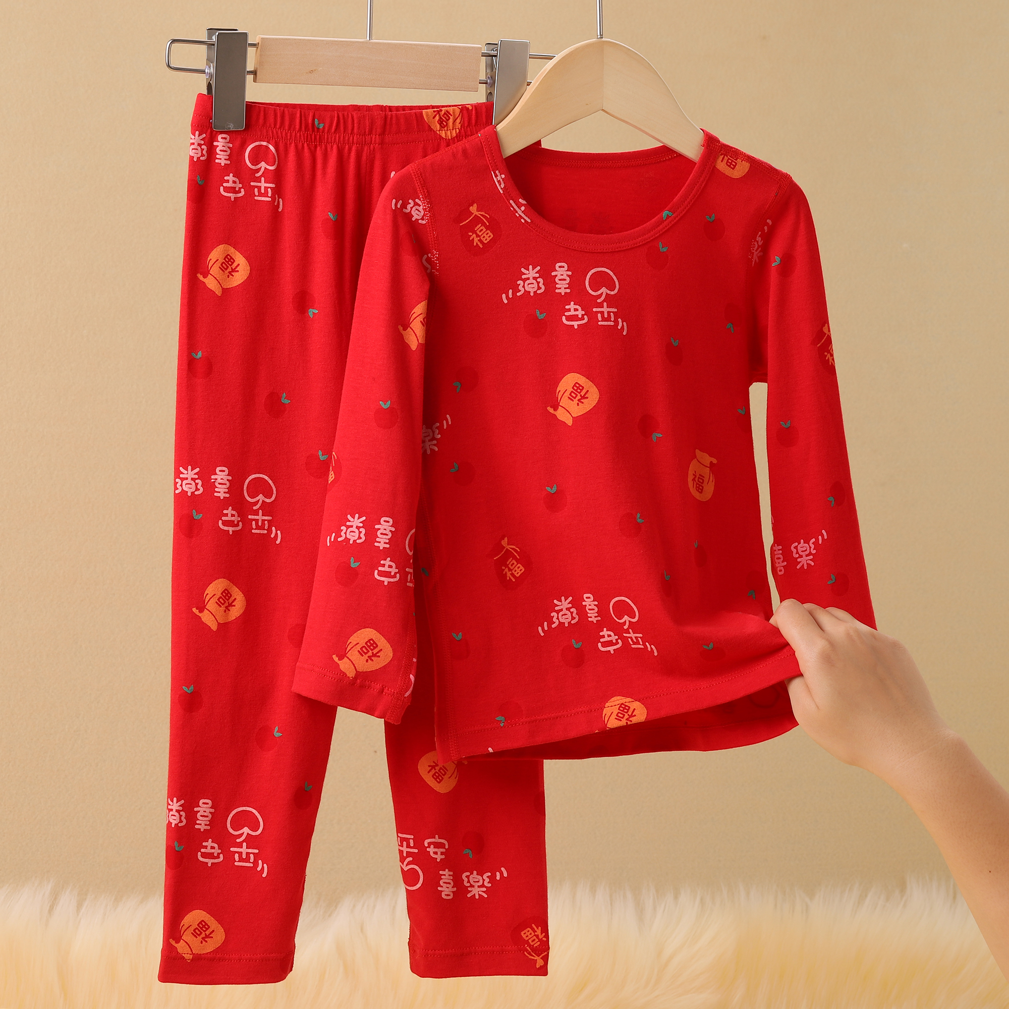 儿童秋衣秋裤男童保暖内衣宝宝婴儿大童秋冬新年红色套装 3188