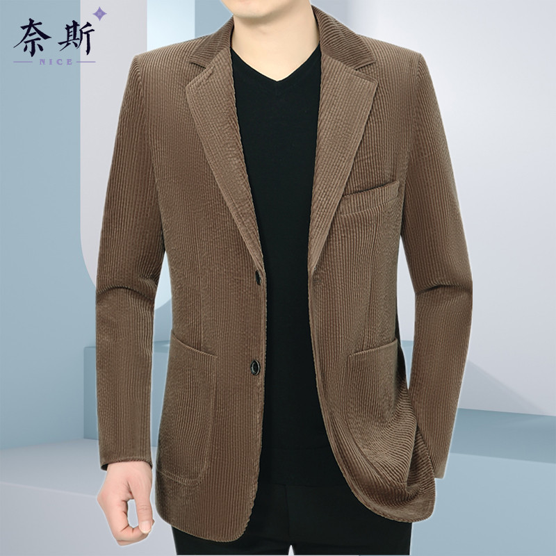 春秋中年男士全棉灯芯绒西装中老年男士宽松商务休闲西服爸爸装