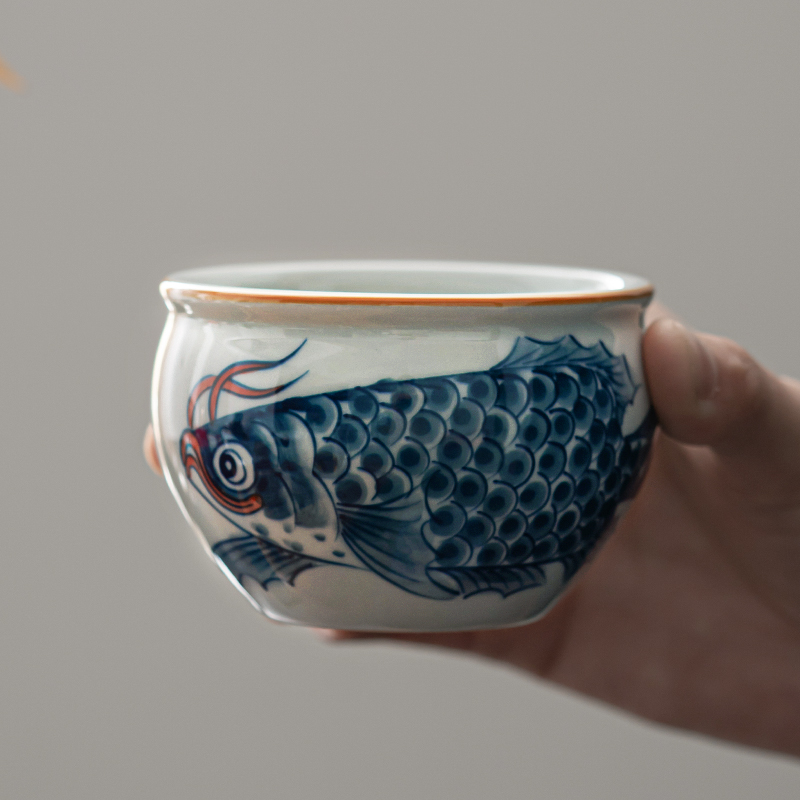 微瑕釉下彩手绘青花龙鱼缸杯大容量主人杯老陶泥单个茶杯个人专用