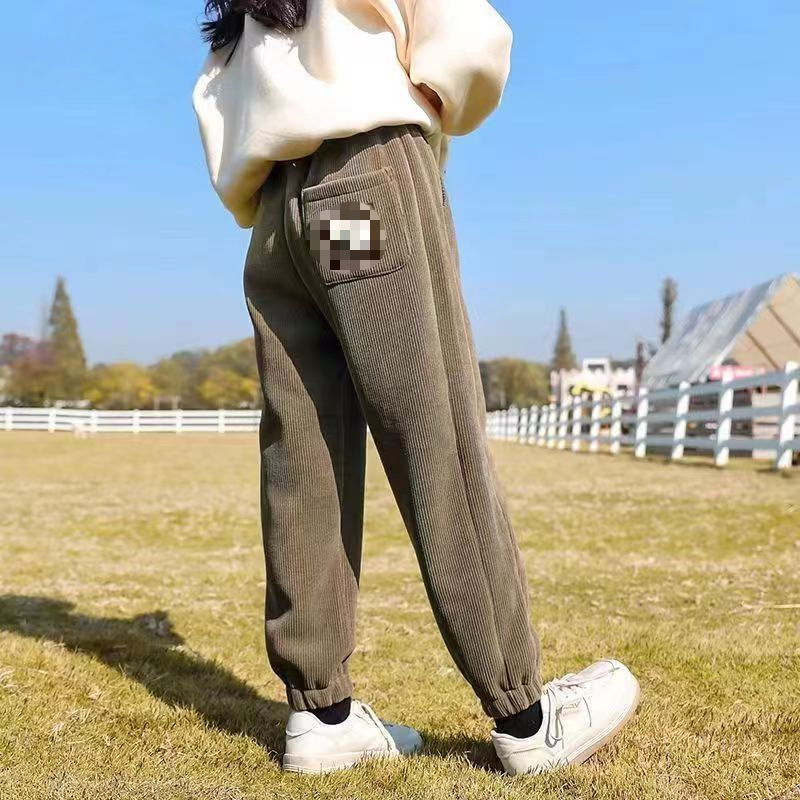 垦牧女童裤子灯芯绒春秋款中大童束脚裤冬季加绒一体绒洋气长裤潮