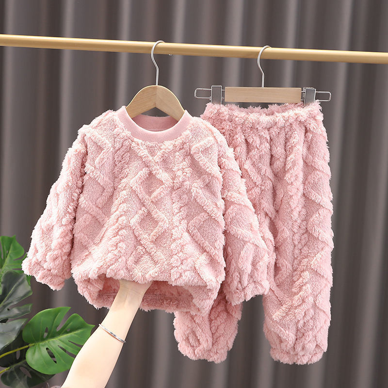 珊瑚绒睡衣男女童秋冬2023新款加绒加厚学生冬季家居服中大童套装