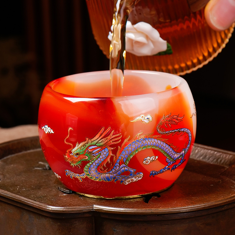 双龙戏珠玛瑙红  高端琉璃＠茶具茶杯主人杯