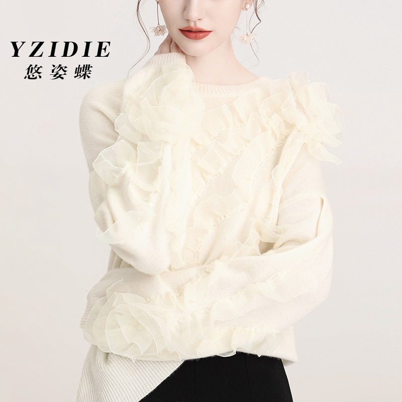 秋冬蕾丝悠姿蝶法式宫廷重工刺绣立体花朵袖毛衣白色纯针织衫上
