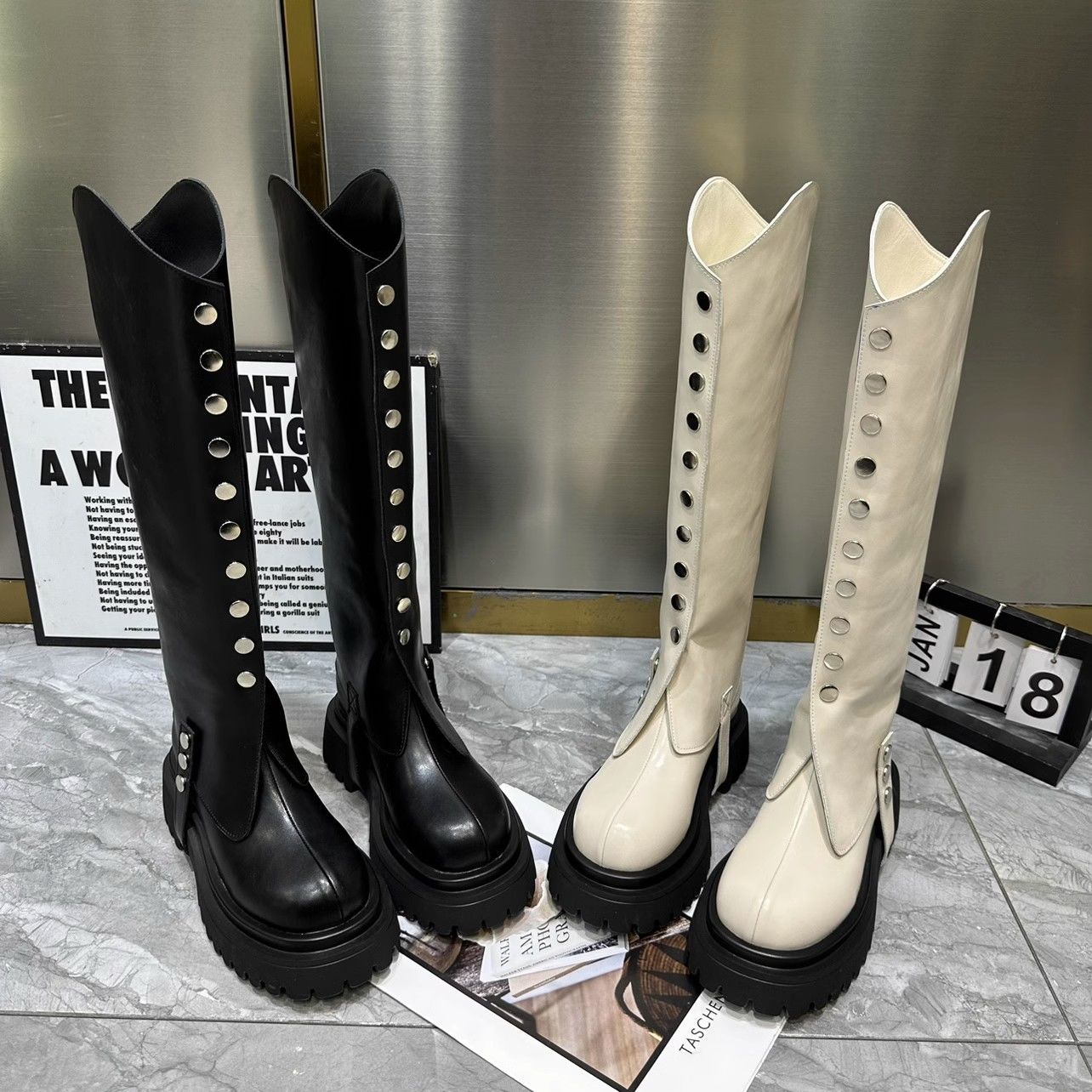 小众设计款高筒靴女不等式骑士靴可两穿松糕厚底马丁靴潮流显瘦鞋