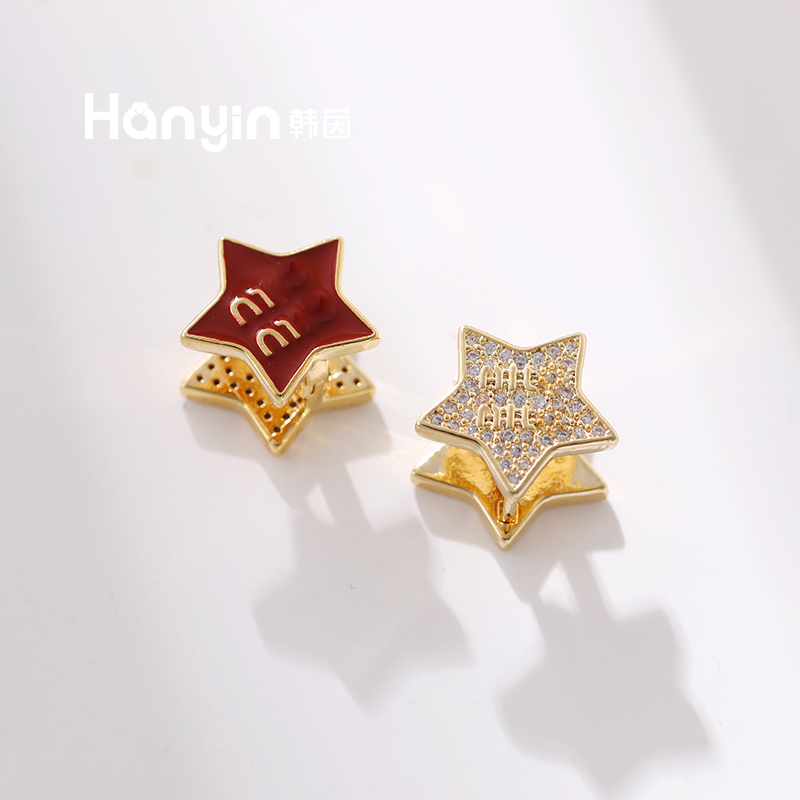 铜合金合成锆石耳饰 925银针经典时尚微镶miu五角星耳扣【孤品】