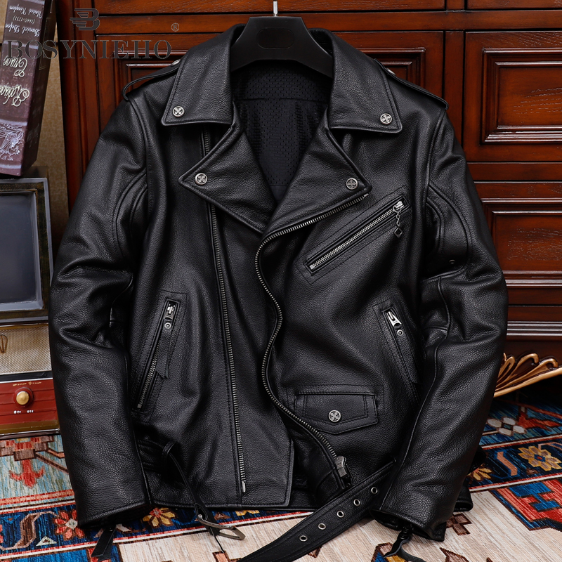 秋季头层牛皮机车骑行服真皮皮衣男士斜拉链翻领青年修身皮夹克