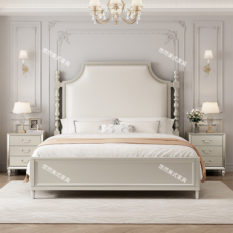 美式轻奢冰柱款实木床软包真皮床奢华主卧室大床简约奶油风储物床