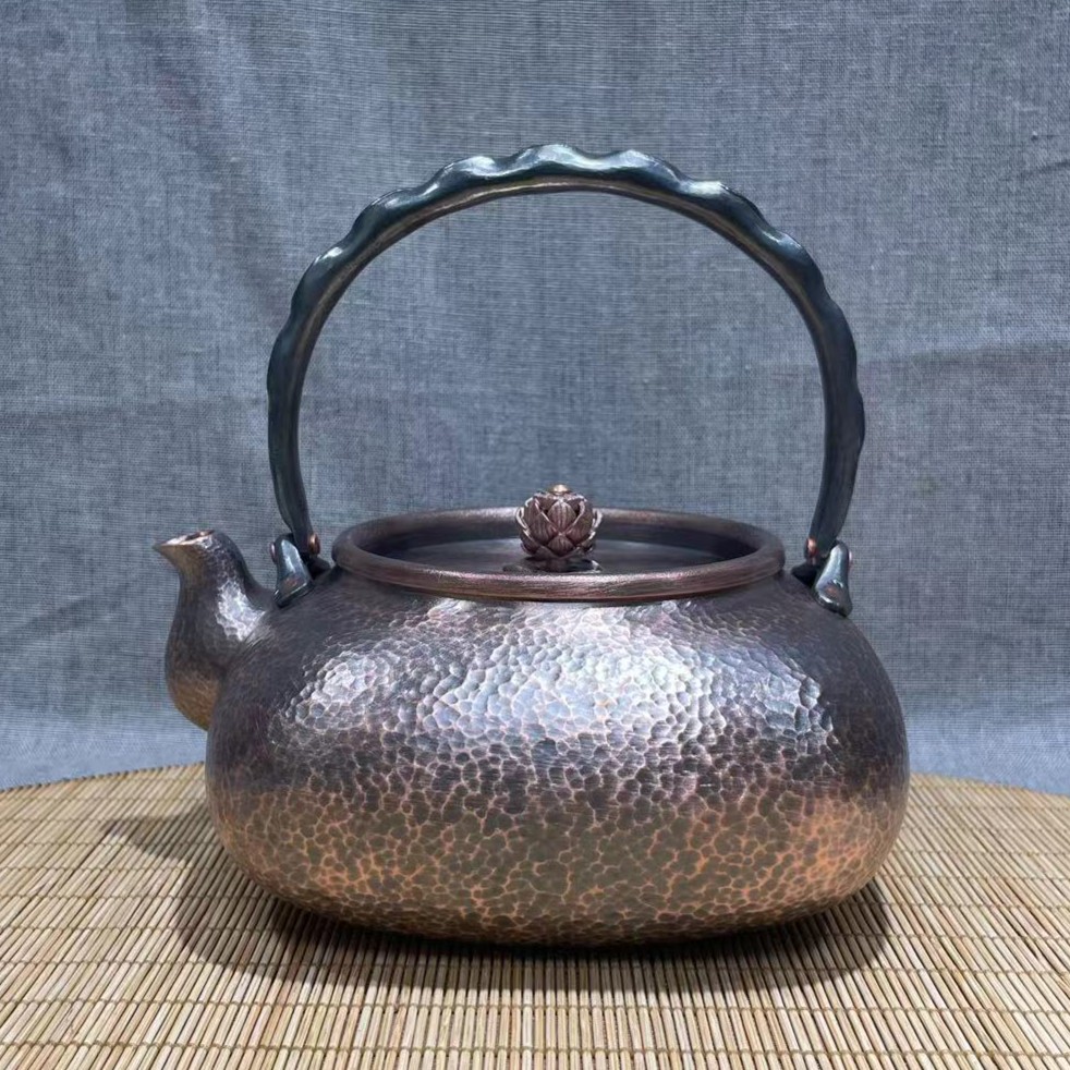 【紫铜茶壶】1000cc 一张打精工扁腹四方紫铜提梁壶 全手工茶壶