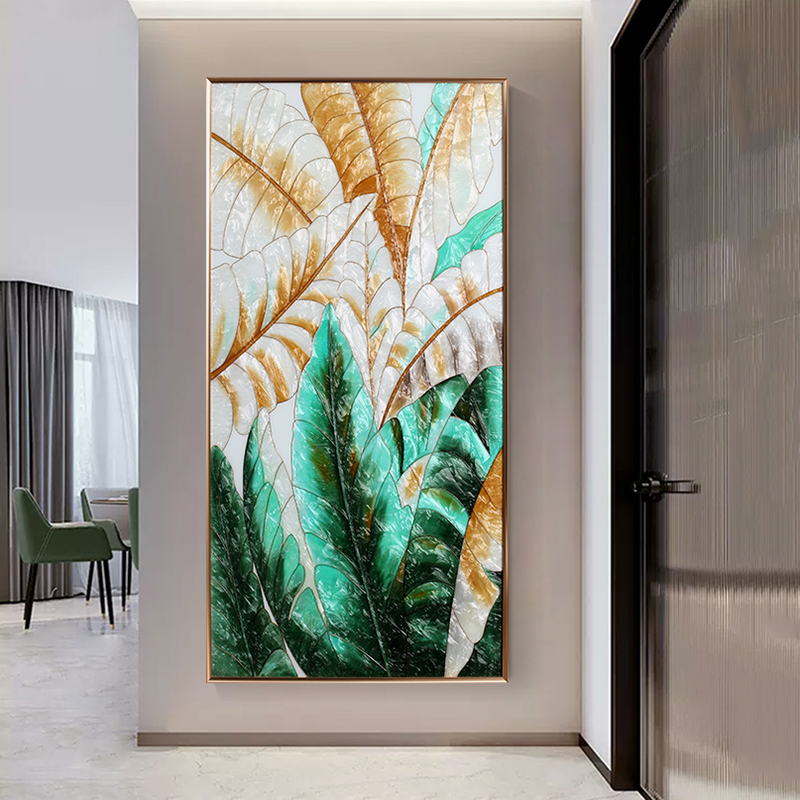 现代轻奢简约手绘珐琅彩装饰画绿色植物高级玄关走廊过道入户