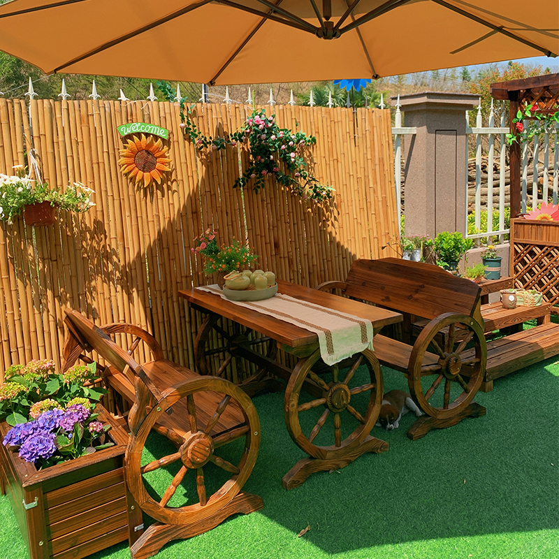 花园阳台休闲桌椅组合户外庭院小桌椅实木车轮桌椅餐桌实木八仙桌