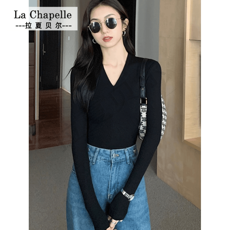 拉夏贝尔新品V领打底衫女秋春冬洋气修身显瘦T恤长袖气质内搭紧身