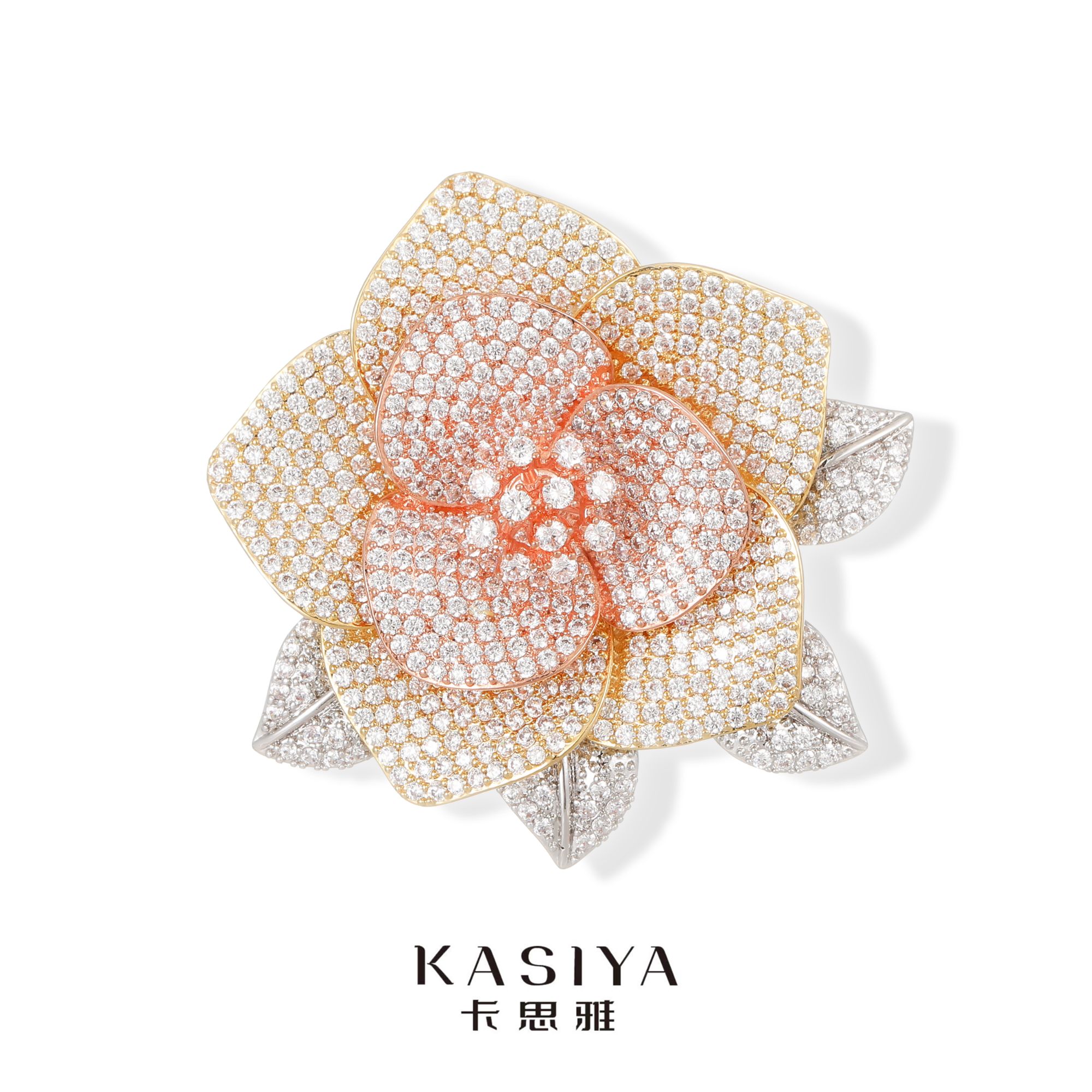 kasiya/卡思雅 铜合金合成锆石胸针 高档手工爪镶百搭山茶花胸针