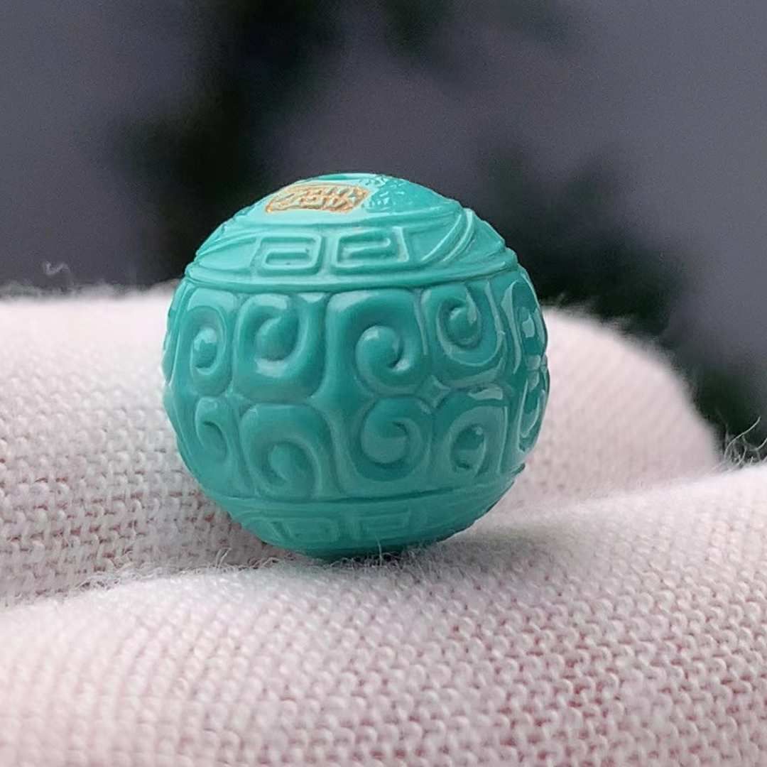 天然原矿绿松石秦古玉化料回纹手工雕刻圆珠精雕名师雕刻落款