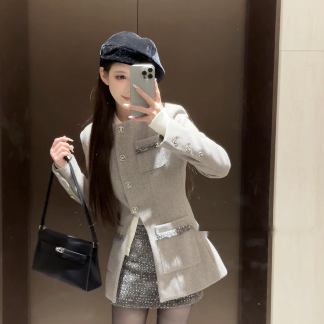 两件套小香风灰收腰开叉毛呢上衣圆领+亮丝短裙千金套装女秋气质