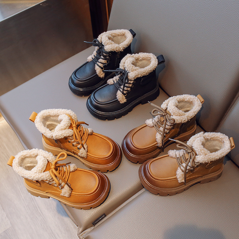 儿童加绒皮靴2023冬季新款女童马丁靴英伦风时尚百搭男童保暖短靴