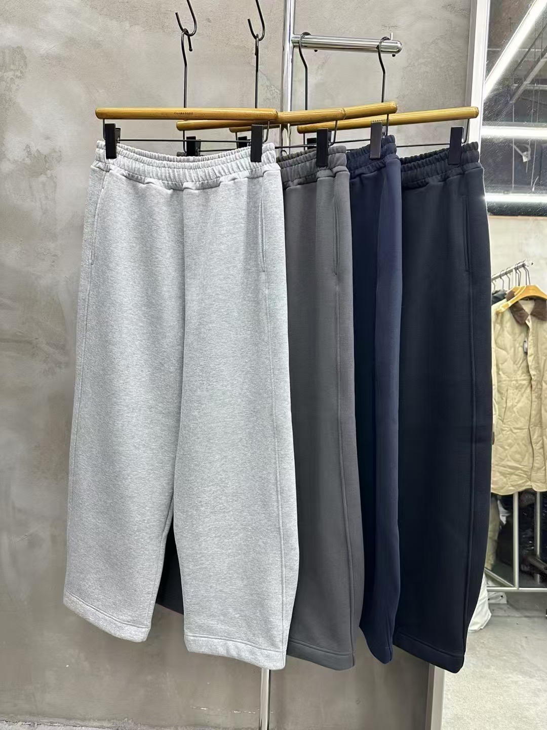 CHAMAGODO珠地网眼裤口捏褶加绒裤