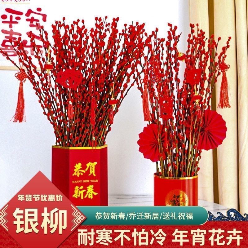 红色招财银柳干花真花鲜枝水培植物耐寒年宵花卉福桶室内客厅装饰