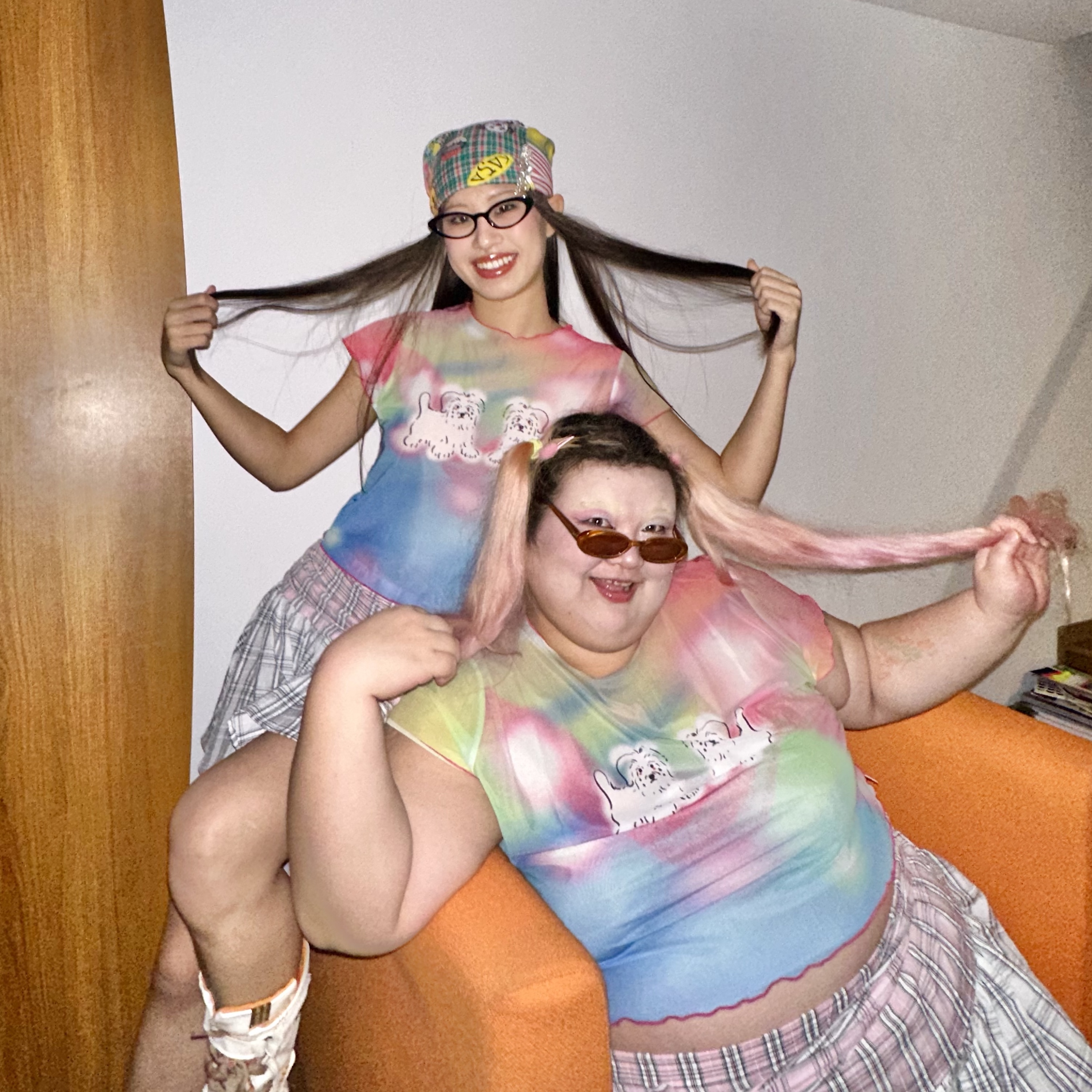 原创插画渐变小狗网纱T恤Y2K可爱辣妹风印花短袖上衣男女款有大码