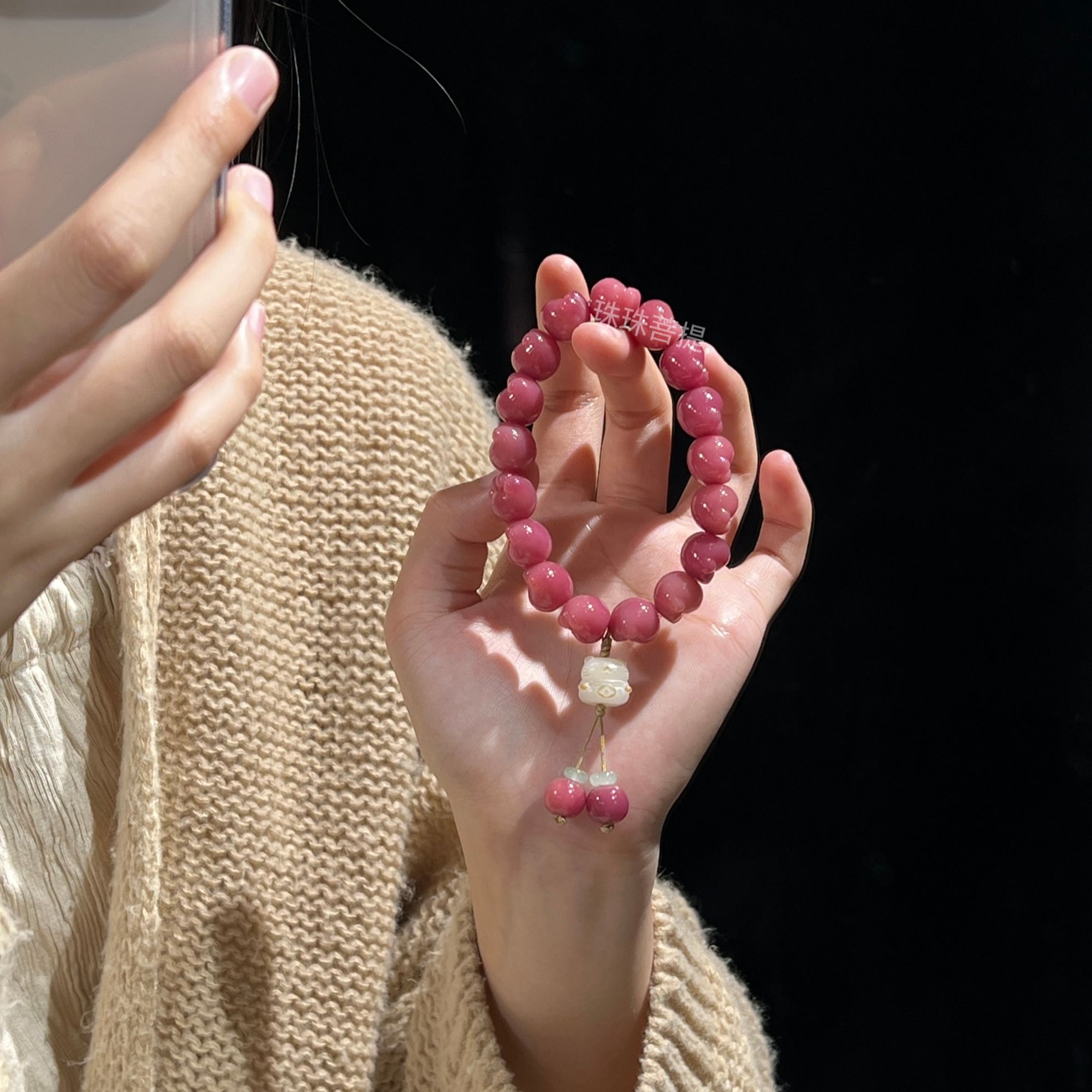 乌梅子酱菩提 肥嘟嘟猫爪 单圈手串招手小猫菩提根（送盘玩袋手套）
