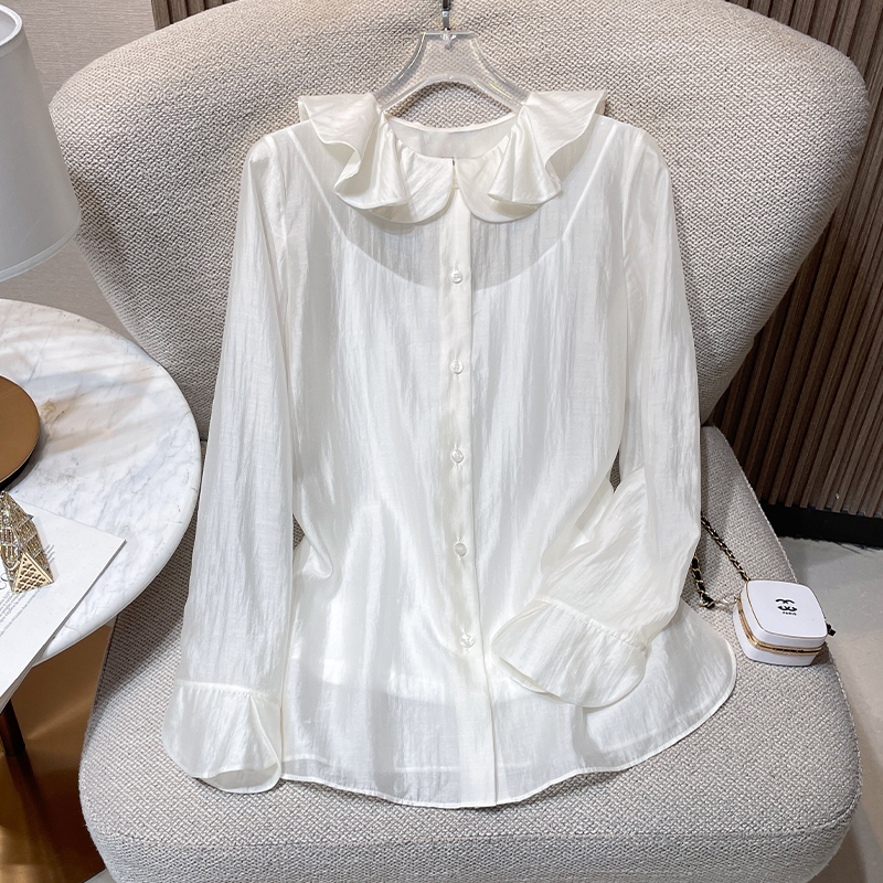 减龄别致甜美上衣2024秋季新款法式设计感荷叶边娃娃领长袖衬衫女
