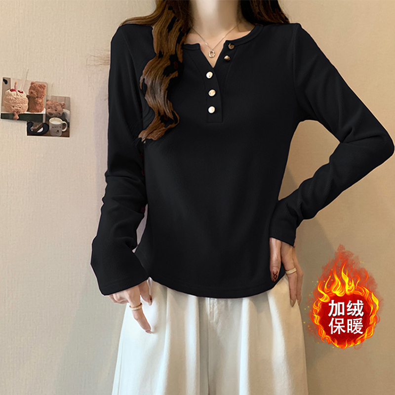 X大码磨毛加绒秋冬女士内搭长袖打底衫新款洋气减龄胖mm遮肚显瘦