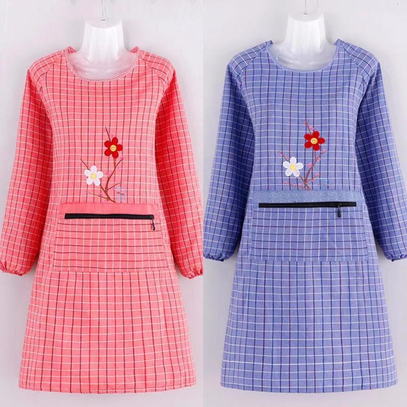 时尚刺绣罩衣男女厨房家用防油污长袖围裙冬季外穿上班工作服护衣