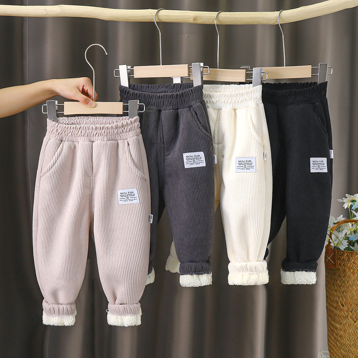 儿童中大童加绒裤子秋冬新款男女宝宝加厚保暖休闲外穿长裤ss男童