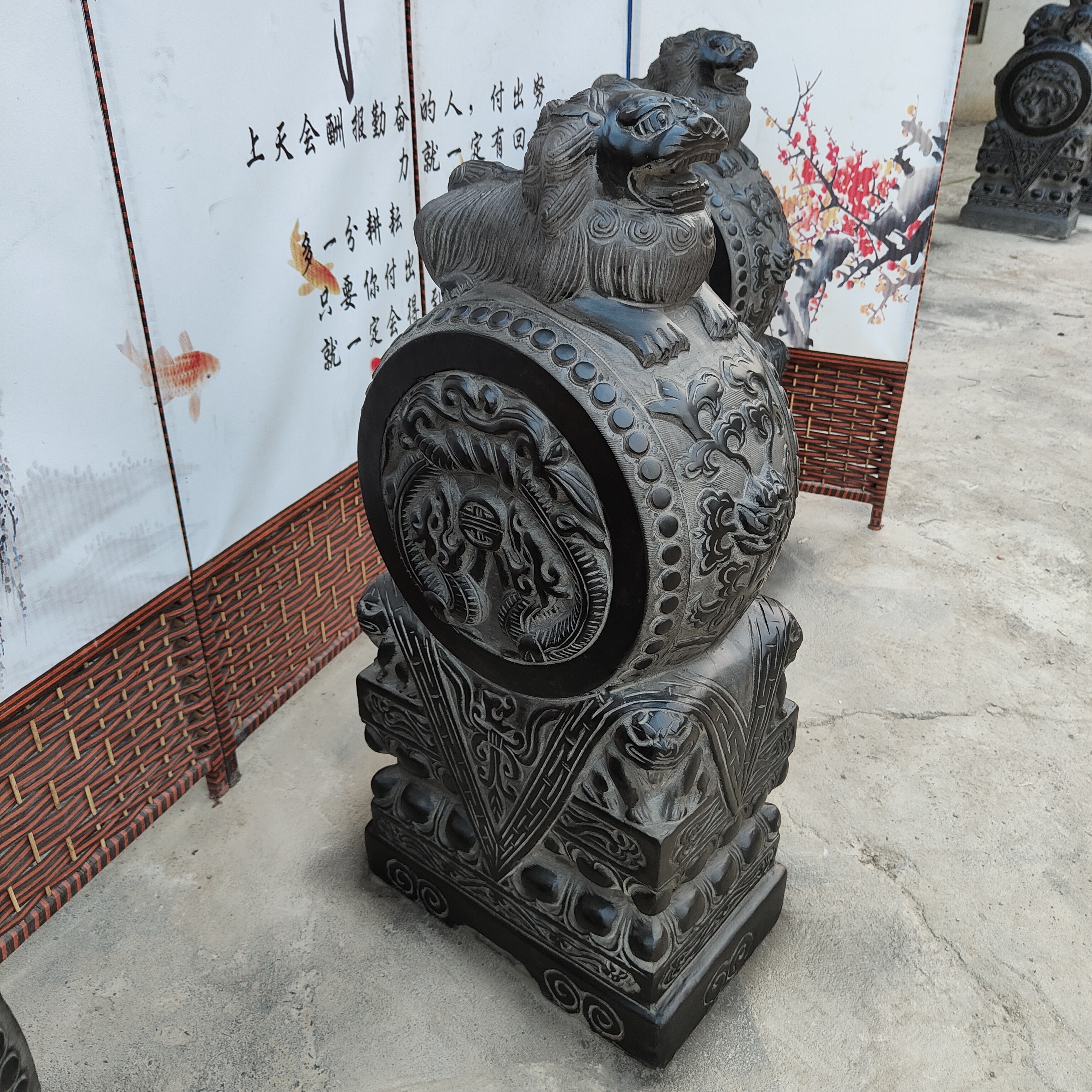 青石材质做旧石雕狮子门墩抱鼓石庭院园林门口装饰摆件