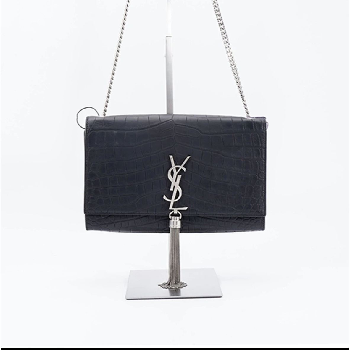 99新 YSL/圣罗兰 鳄鱼纹流苏包 黑银单肩包/女士包（D店）