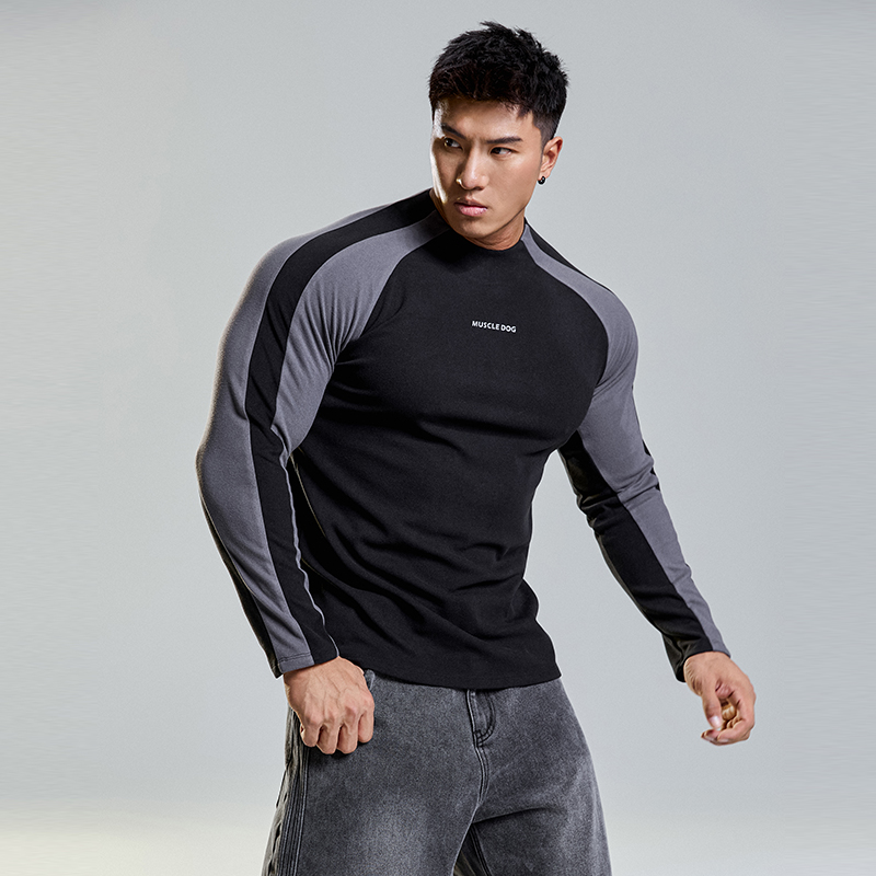 MUSCLEDOG肌肉狗 潮牌健身长袖T恤男冬季绒感保暖紧身运动训练服