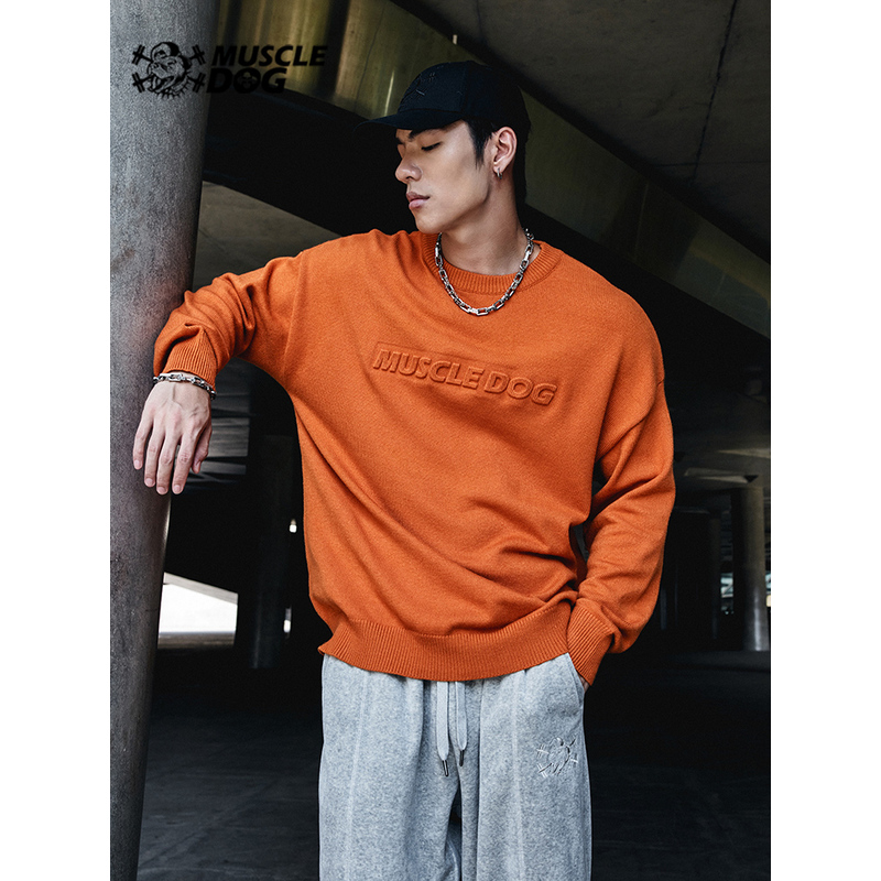 肌肉狗 圆领潮流毛衣男2022新款宽松运动休闲毛衫秋冬压花针织衫