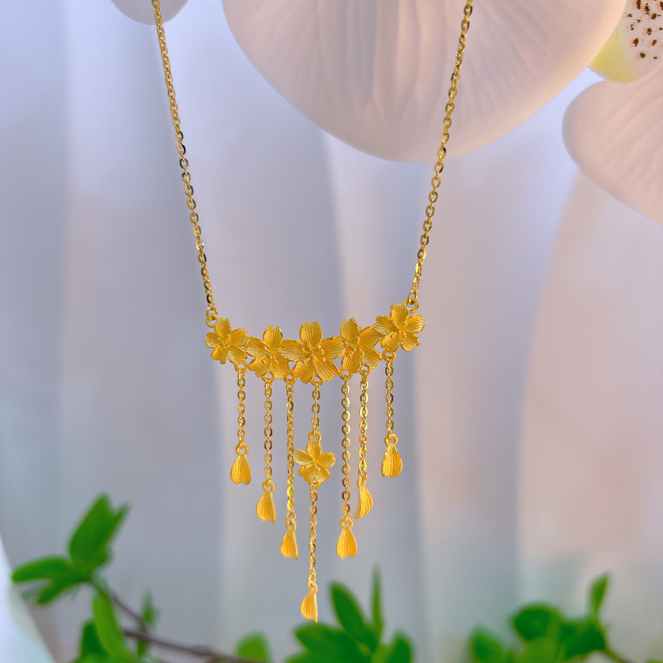 5G足金999时尚樱花流苏婚嫁套链