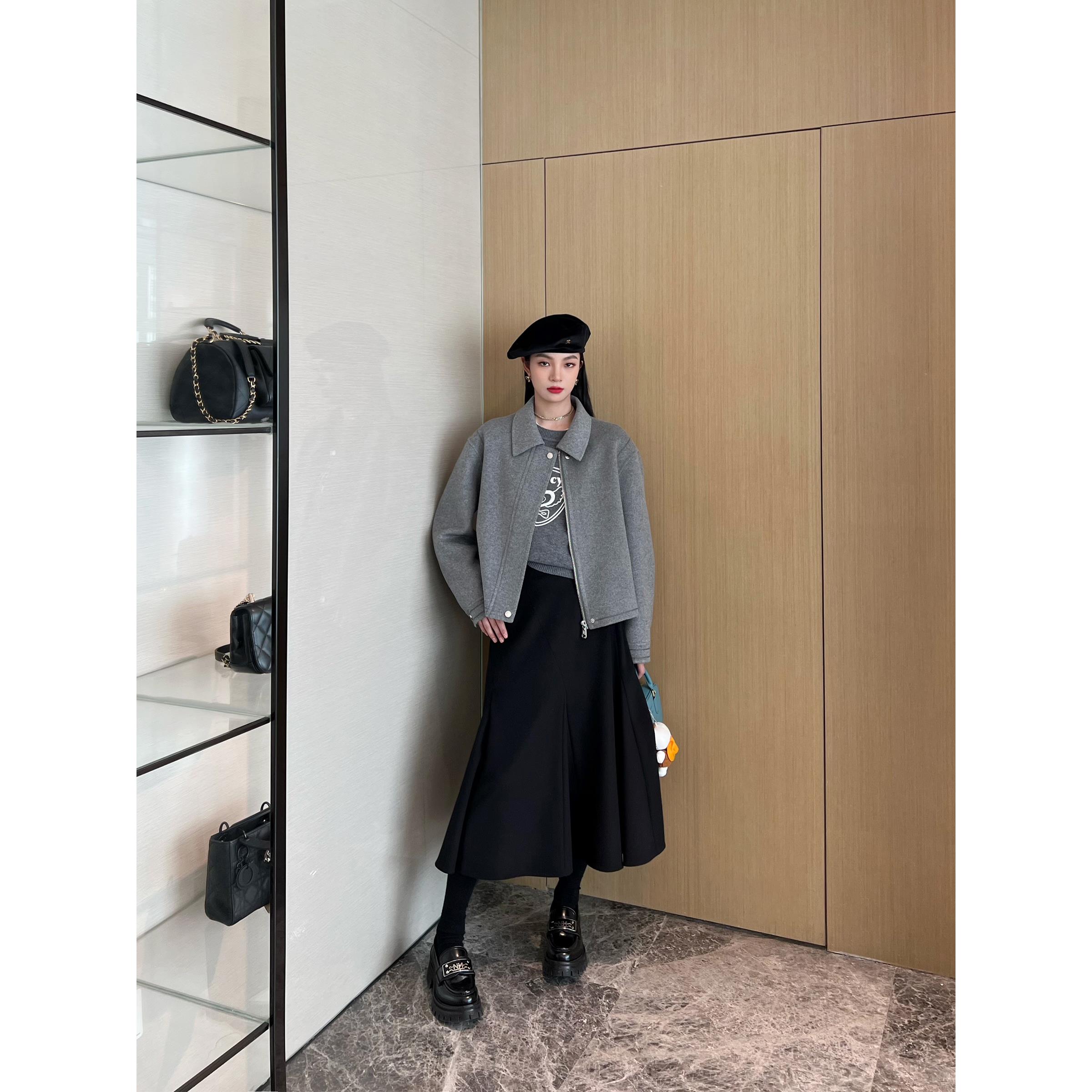 NancyCavally澳洲进口羊毛/羊绒 飒爽飞行夹克领微宽落肩毛呢外套