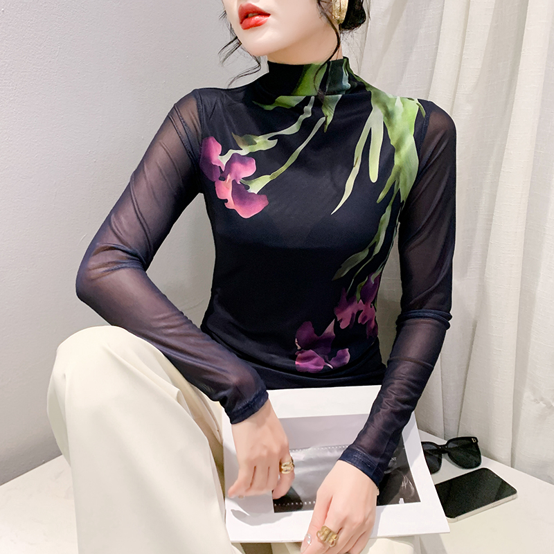 【玲玲纱衣专属】高领印花定位花网纱打底衫2023秋冬修身长袖T恤女