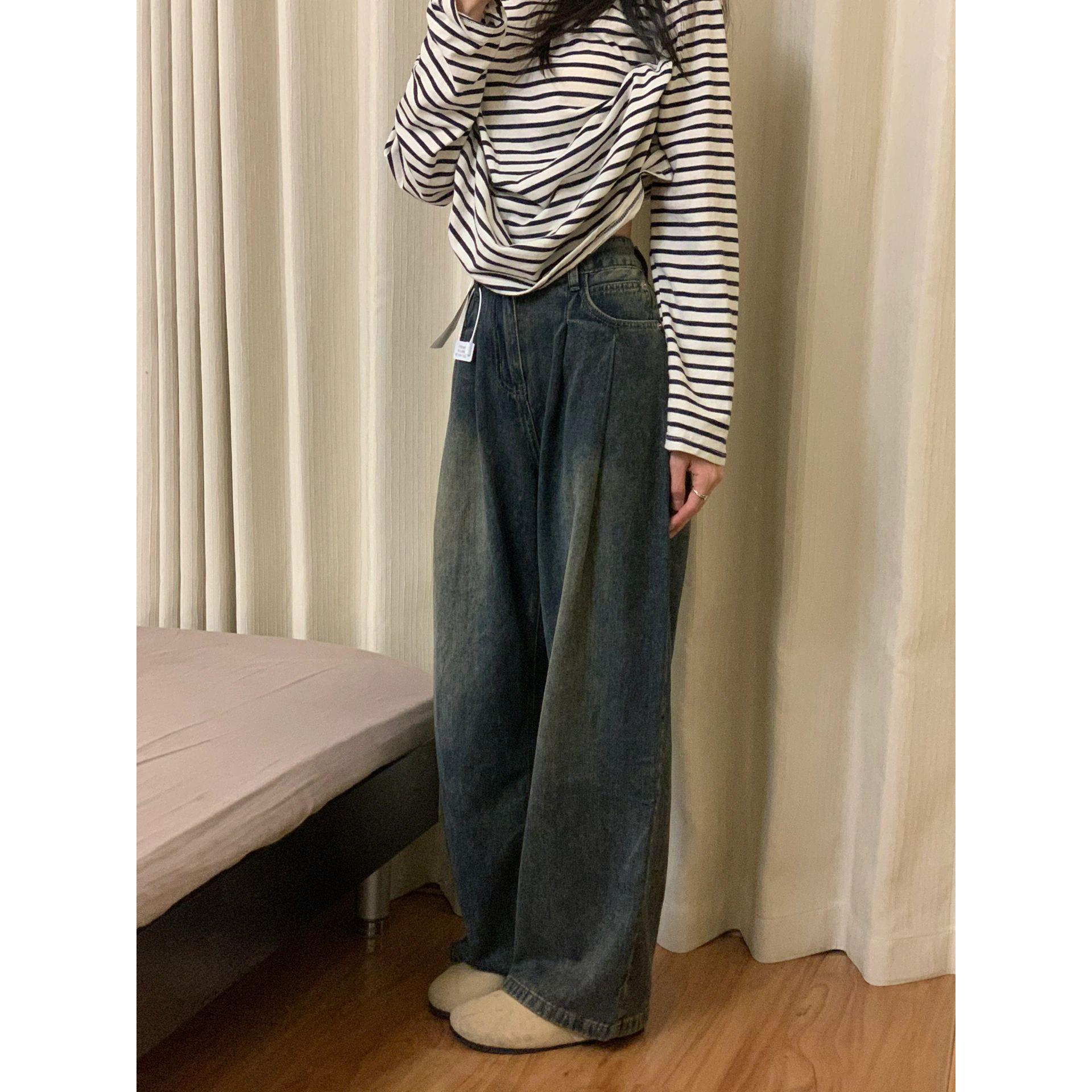 复古蓝色水洗做旧褶皱直筒牛仔裤女秋冬高腰显瘦宽松阔腿春秋长袖