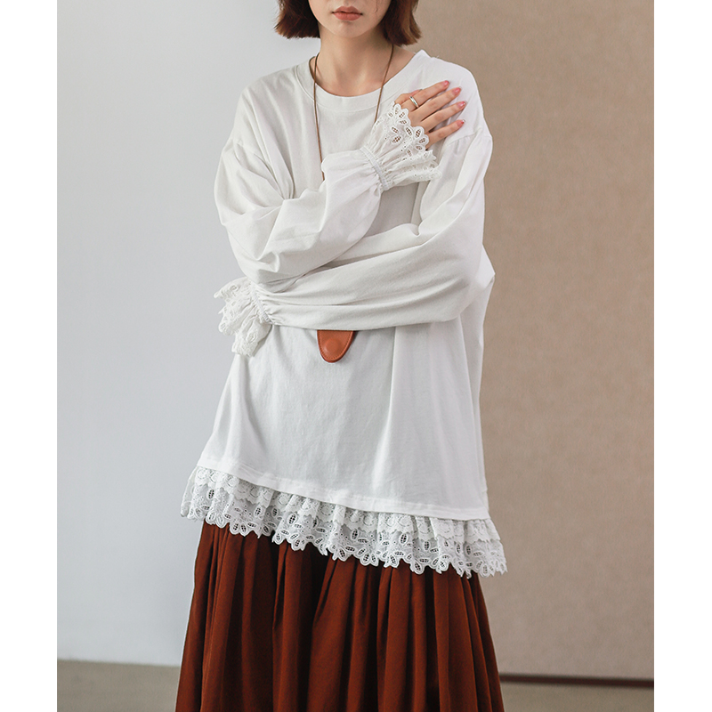 【新款破价】韩国甜美双层蕾丝边白色长袖T恤 宽松秋冬打底长T7886