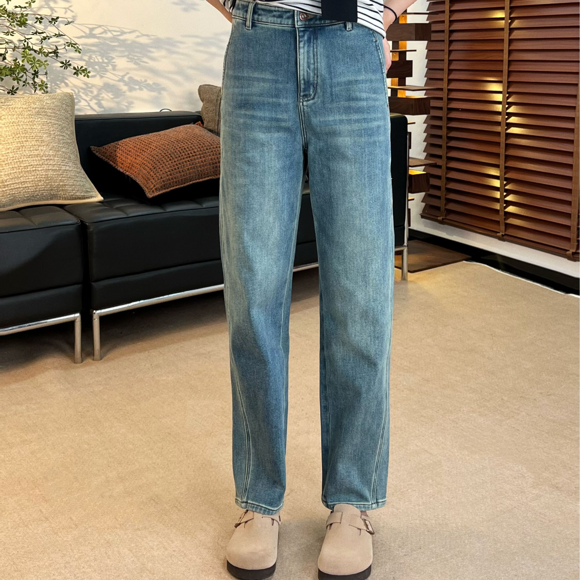 逸阳【老爹牛仔裤】冬季时尚新款百搭拼接牛仔休闲直筒裤Q86D1178