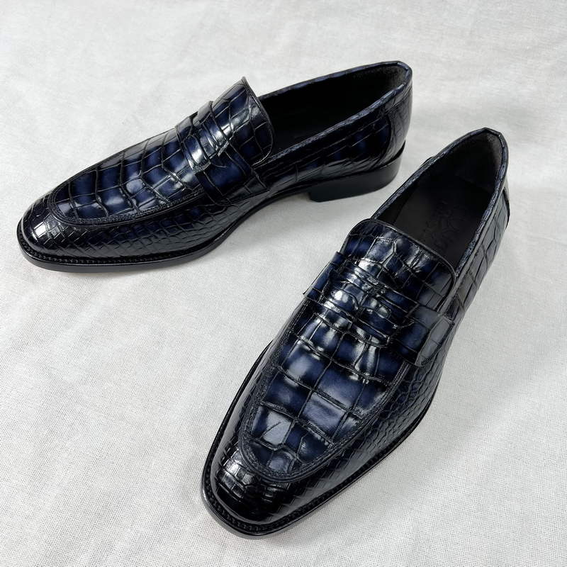 冉龙灯真鳄鱼皮手工擦色皮底商务正装鞋乐福鞋男鞋一脚蹬懒人鞋