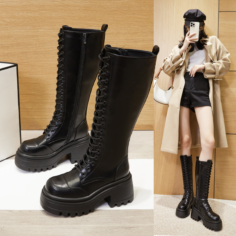 秋冬新款复古棕色厚底高跟长靴女不过膝小个粗跟系带高筒骑士靴