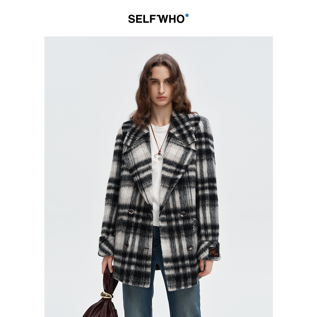 SELFWHO绵羊毛混纺墨白格双面呢西装外套女2024冬季新款宽松西服