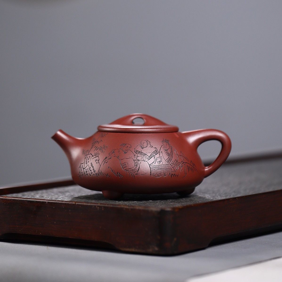430毫升宜兴原矿龙血砂大石瓢壶手工制作竹林七贤壶景舟石瓢