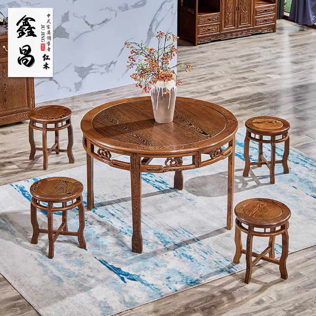 鸡翅木餐桌椅组合红木家具小户型餐厅圆桌实木中式红木圆餐桌椅