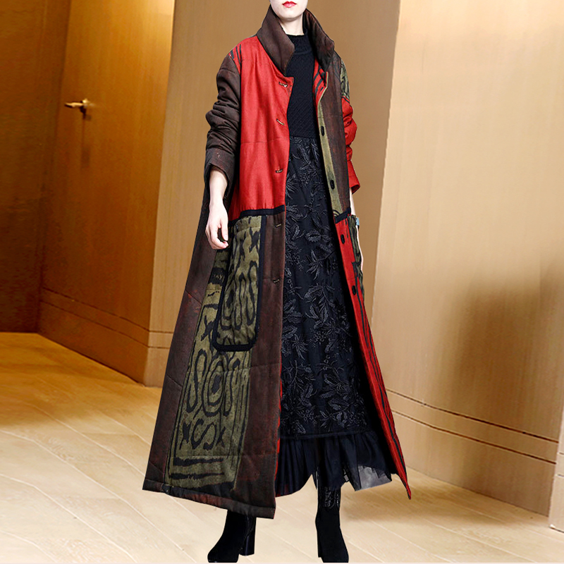 冬季新款女装原创复古不规则印花立领拼接加厚大衣长款民族风棉衣